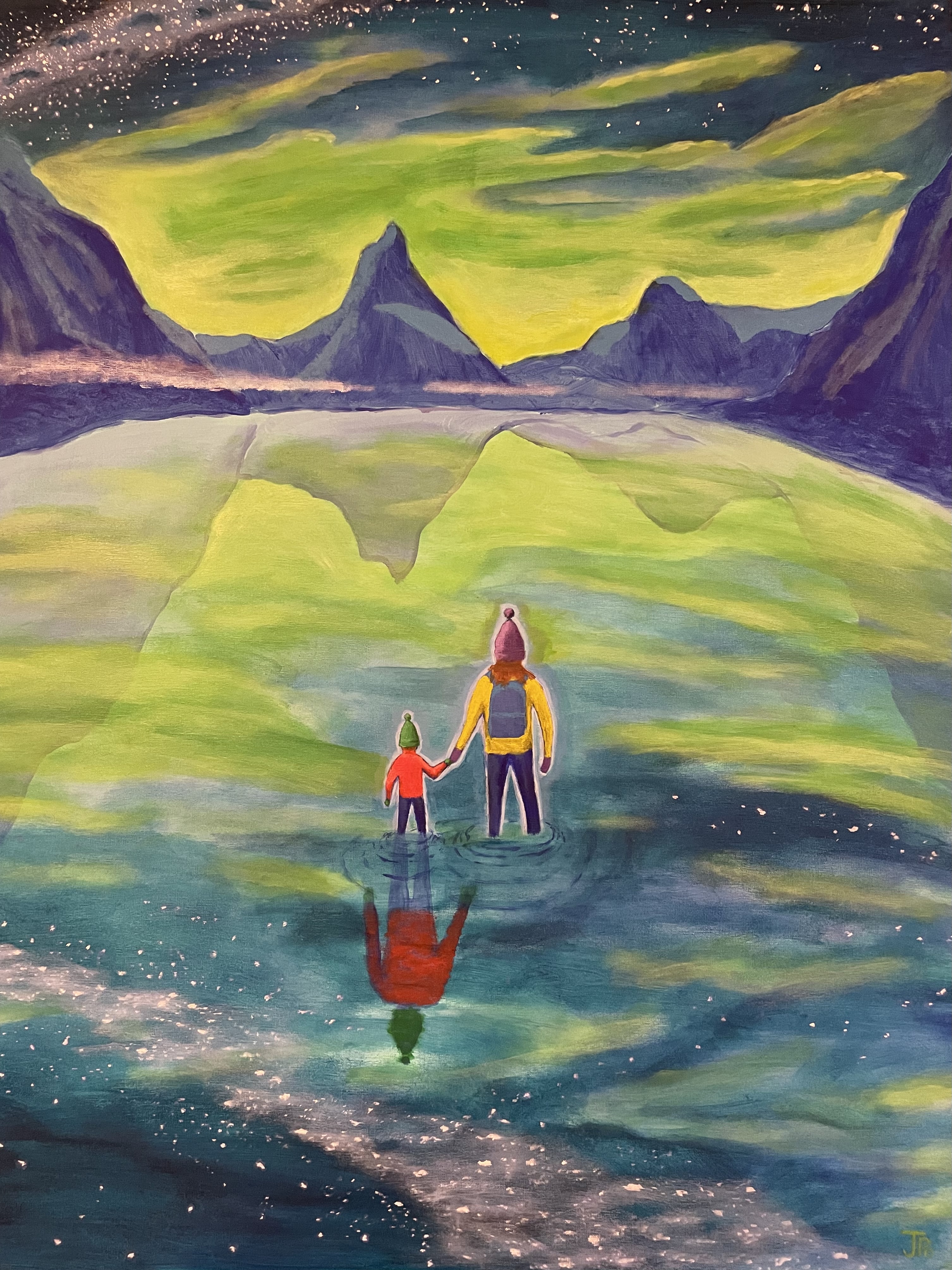 A mother and child hold hands as they gaze at a night-time view of Milford Sound and the Aurora Australis - reflecting in the water all around them.