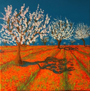 A contemporary painting of almond trees in bloom, with white blossom, set against a bright blue sky and bright orange soil with furrows leading away from the viewer.