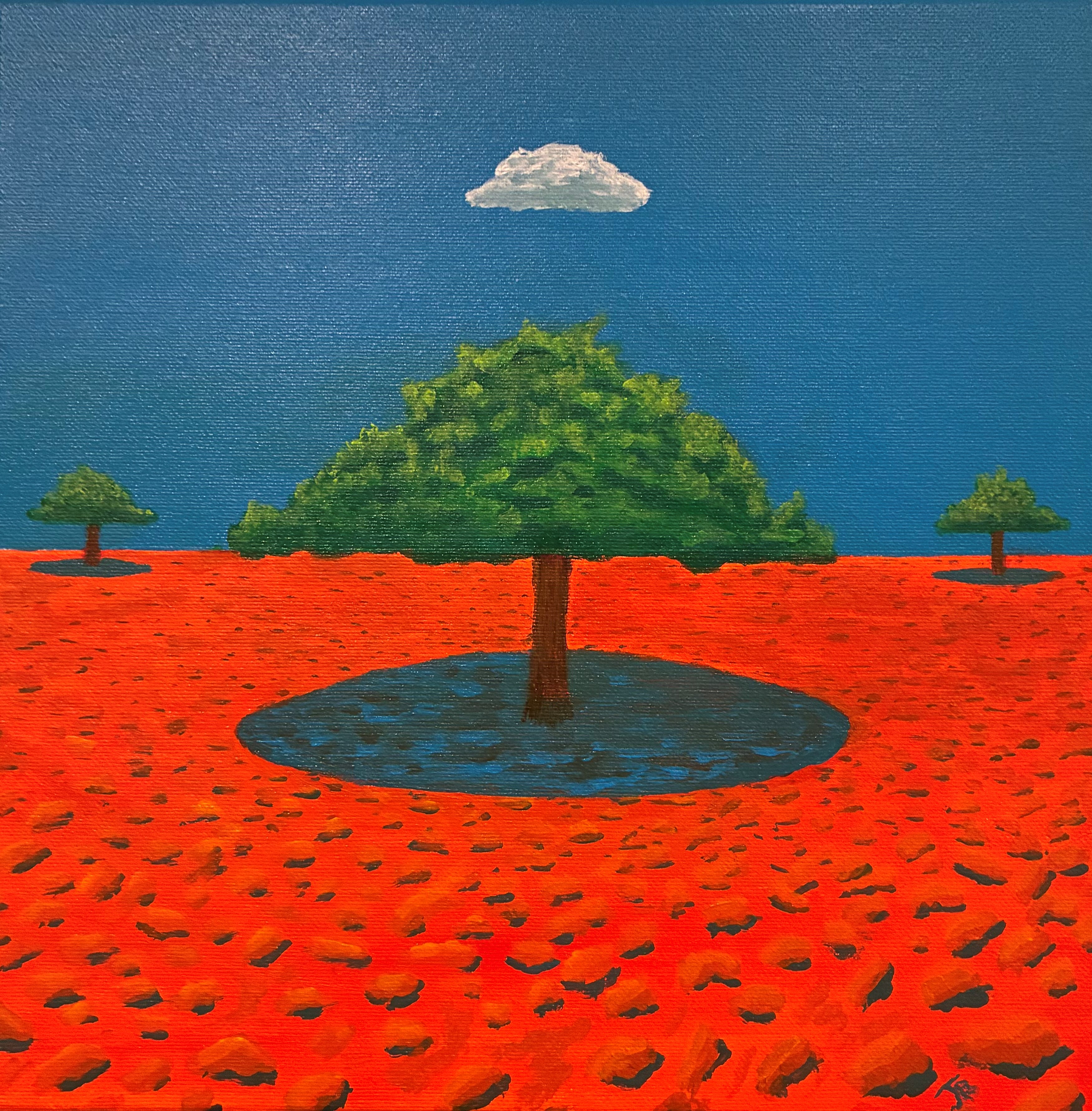 A contemporary painting of three fig tress with a small cloud above, featuring bright orange soil and a bright blue sky.