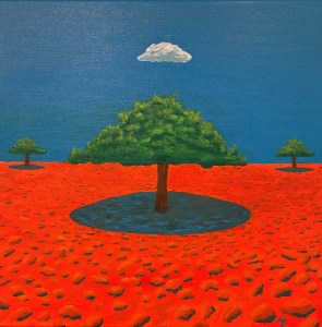 A contemporary painting of three fig tress with a small cloud above, featuring bright orange soil and a bright blue sky.