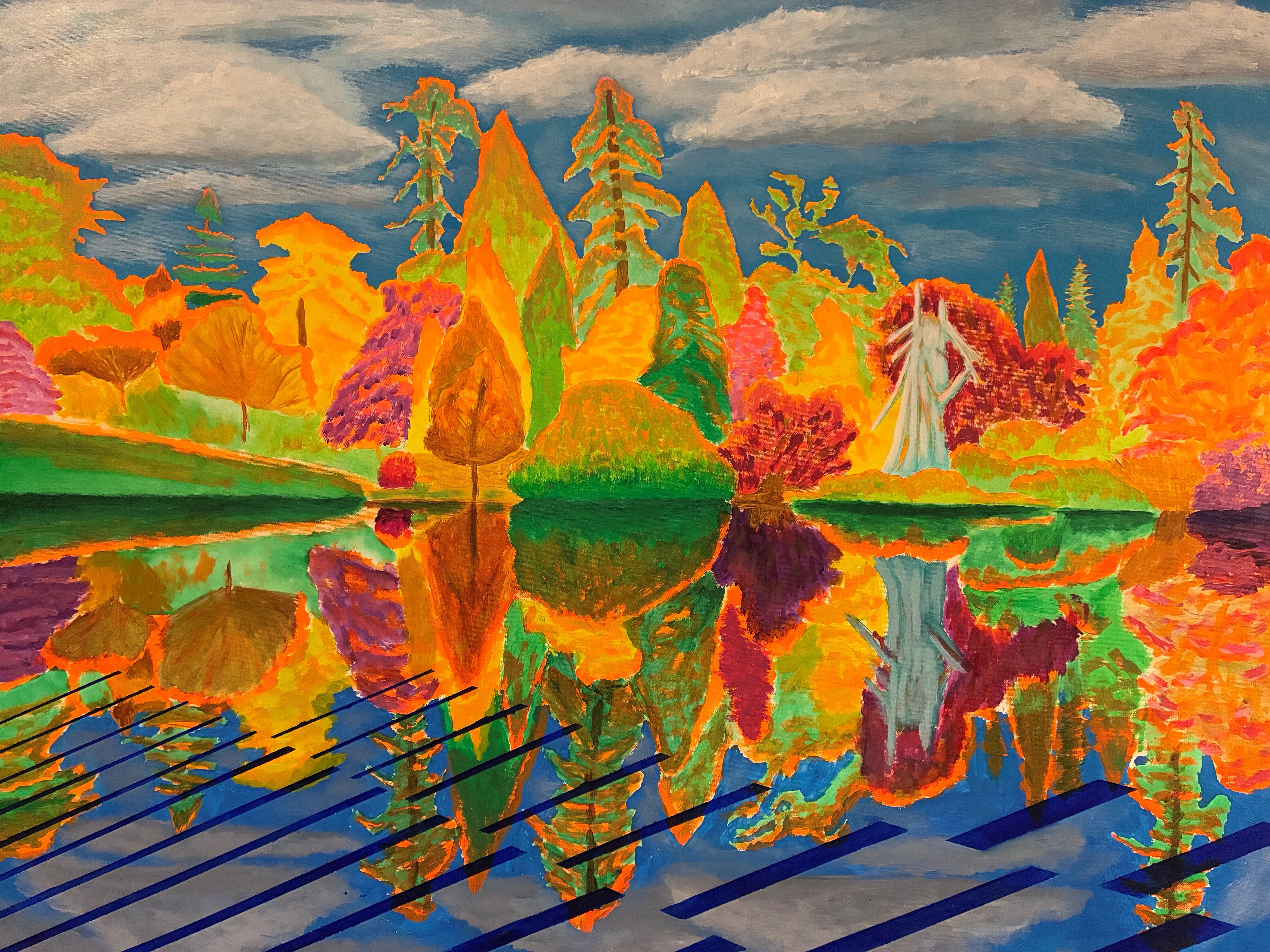A colourful contemporary painting of trees with autumn colours such as reds, oranges, yellows, greens and purples, reflected in the lake at Sheffield Park. Abstract-style ripples appear at the front of the lake.