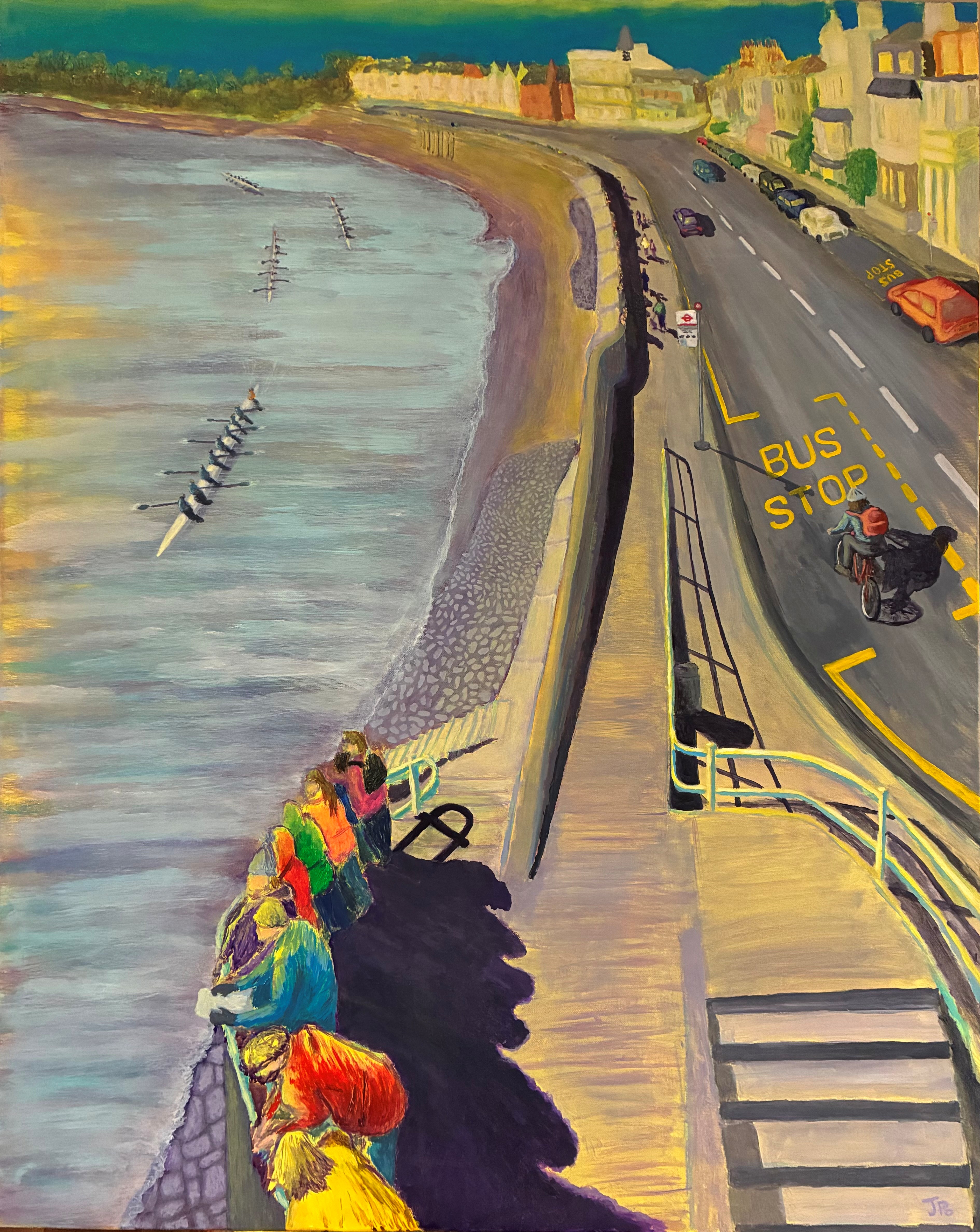 A contemporary painting of Barnes riverside, as viewed from Barnes Bridge, with people in colourful clothing watching rowing boats pass on the river Thames below.